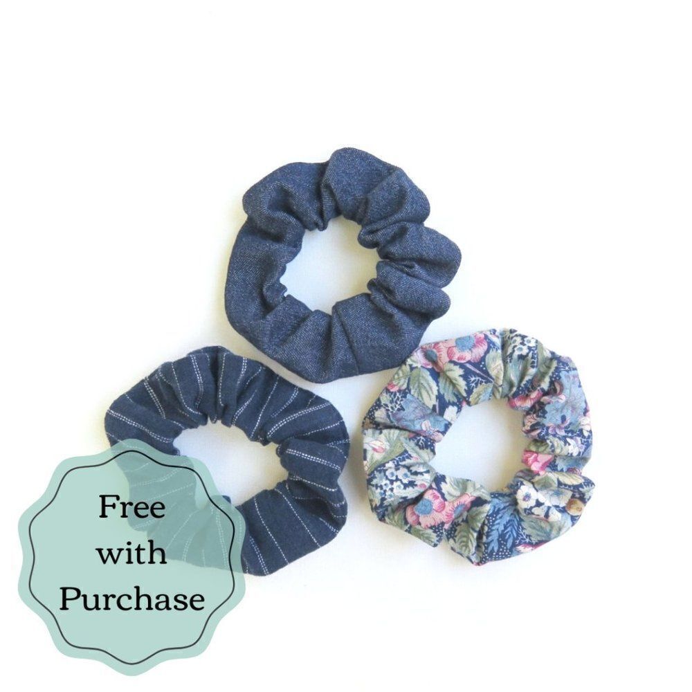 Blue Scrunchie Set- 3 Pieces - Recycled Handmade - Denim - FREE W/ PURCHASE     